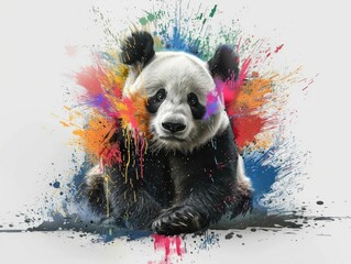 Poster - Monochrome panda with a vibrant color explosion radiating from its belly isolated on a white studio background  This surreal and digital showcases a dynamic and powerful image with bold