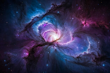 a colorful nebula with swirling gases and bright stars, captured in sharp focus with vibrant hues of
