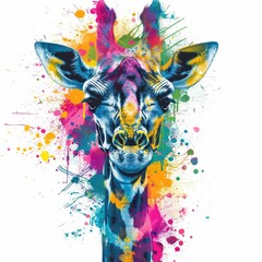 Poster - A striking digital depicting a monochrome giraffe with a vibrant explosion of colorful spots  splatters  and patterns against a clean white background  creating a bold  modern