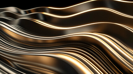 Poster - Abstract digital art with smooth, flowing lines and a metallic sheen, creating a wave-like pattern with a golden glow on the edges