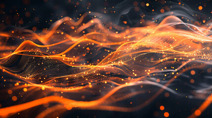 Poster - Dynamic abstract visualization of flowing orange and golden particles, creating a wave-like pattern with smoke-like effects on a dark background