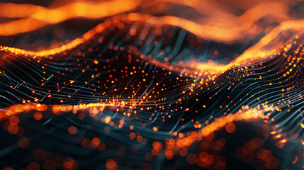Poster - Digital representation of a wave-like grid pattern with illuminated nodes in warm hues, suggesting dynamic undulating structures