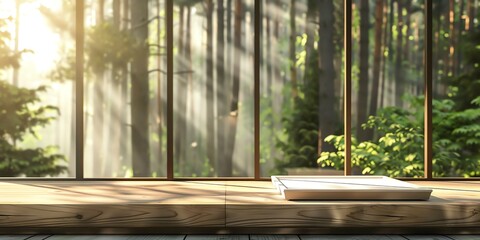 mockup photo of room window facing the forest, villa atmosphere, cottage, elegant natural atmosphere, for spa and beauty products