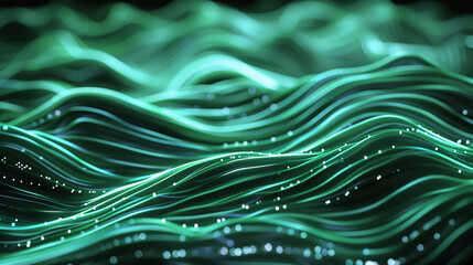 Poster - Abstract wallpaper with wave-like green lines and glowing dots, creating a dynamic and soothing background