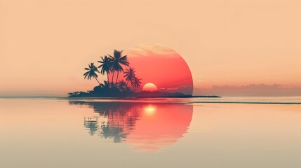 Wall Mural - Serene Sunset Over Tropical Beach with Minimal Line Art and Subtle Gradients