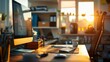 © banthita166 - Professional Workplace with Dual Monitor Setup in Modern Office Environment with Morning Sunlight and Blurred Background of Shelves