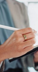 Aufkleber - Hand, typing and tablet for employee in office, planning and writing of schedule, secretary and corporate. Business, closeup and technology for notes, editing or startup of person, online or website