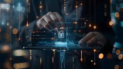 Aufkleber - Cyber security network, Cybersecurity system technology. Businessman protecting data personal information encryption with digital padlock on tablet and virtual interface
