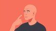 © The 2R Artificiality - 2d illustration of a bald man showcasing hair loss by pointing at his flat scalp