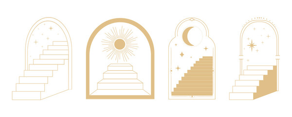 Wall Mural - golden thin line arch frame door stairs, sun and stars, mystic portal, astrology border, decoration,