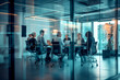 © ty - group of business people discussing financial results working together in modern meeting room with glass partitions, background blurred employees