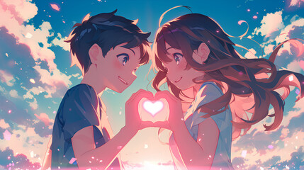 Poster - boy and girl forming a heart icon loving each other, anime style