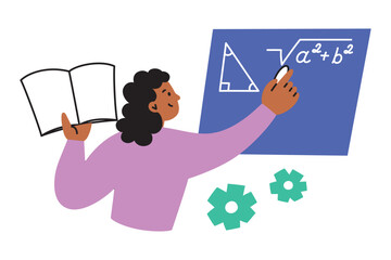 Vector illustration of a student or teacher writing geometric formulas and solving a math problem with the Pythagorean theorem on a blackboard. Flat cartoon style, for educational, school contexts