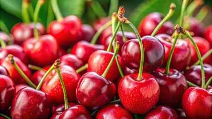 Ripe, juicy red cherries with stems, cherries, red, fruit, ripe, juicy, fresh, healthy, organic, delicious, snack, summer