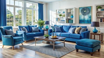 Wall Mural - A cozy living room filled with various shades of blue furniture, living room, cozy, blue, furniture, interior design, decor