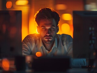 Poster - professional working late in office cubicle illuminated by computer screen
