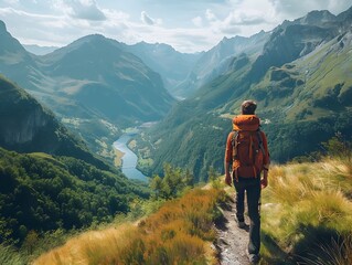 Poster - Hiker Pauses on Trail to Take in Panoramic Valley View Peaceful Hiking Concept