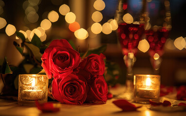 Wall Mural - A couple enjoying dinner by candlelight at a restaurant, with roses and wine glasses on the table, creating a romantic atmosphere for celebrating Valentine's Day