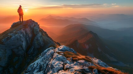 Wall Mural - Hiker standing on mountain peak at dawn landscape illuminated by first light of day