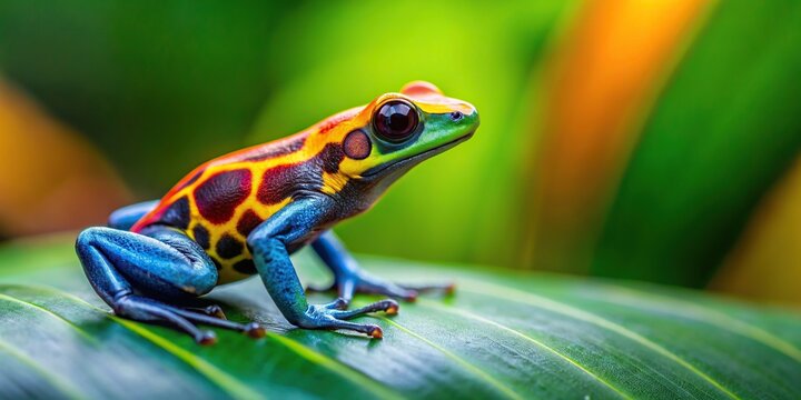 Multi color poison dart frog sitting on a green leaf in Costa Rican tropical forest, frog, poison, dart, colorful