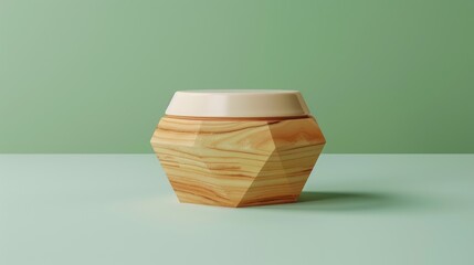 Wall Mural - Cosmetic cream jar with wooden hexagon on green background