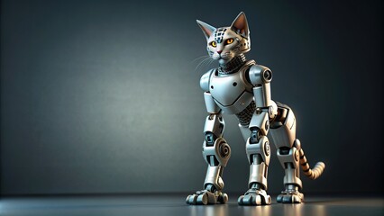 Robot armed cat standing ready with a fierce look , robot, armed, cat, army, futuristic, technology, mechanical, weapon