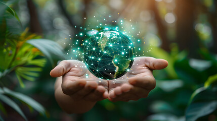 Poster - Man hands holding global network and data customer connection on nature background