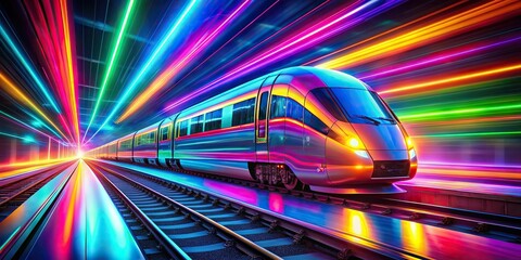 Wall Mural - Vibrant neon-impressionist artwork of a high-speed night train on the railway, neon, impressionism, cyberpunk, night train