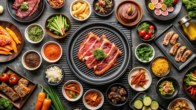 Lively Korean BBQ restaurant with various meats grilling and side dishes on the table , Korean BBQ, restaurant