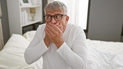 Wall Mural - Shocked middle age man, grey-haired and wearing pyjamas, covers mouth with hands in surprise, mistaken secret in bedroom revealed indoors.