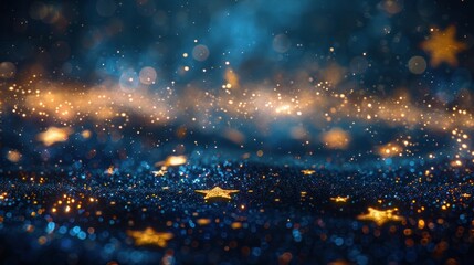 Canvas Print - An abstract background with gold stars and particles on navy blue. A bokeh of golden light particles on a navy blue background for Christmas. Gold foil texture.