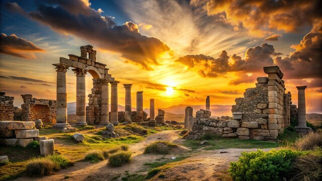 Mythical ruins stones with sunset behind, mythical, ruins, stones, sunset, ancient, mystical