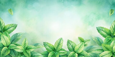 Wall Mural - Watercolor background of fresh mint green leaves , watercolor, background, mint, green, leaves, fresh, nature, botanical