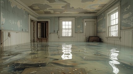 Poster - documentary photography style, rooms with floors submerged in water, extensive water damage visible 