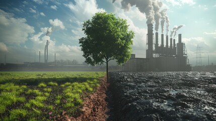 An illustration illustrating a green tree and meadow with clear air in comparison to a factory emitting pollution and its impact on climate change.