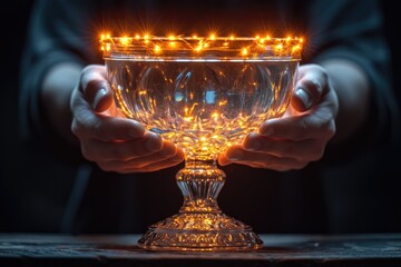Poster - Hands holding a game trophy glowing with orange neon color and sparks. Fire Cup, the winner's prize of virtual cyber sports competitions.