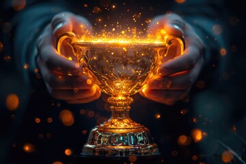 Poster - Hands holding a game trophy glowing with orange neon color and sparks. Fire Cup, the winner's prize of virtual cyber sports competitions.