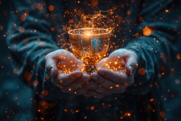 Poster - Hands holding a game trophy glowing with orange neon color and sparks. Fire Cup, the winner's prize of virtual cyber sports competitions.