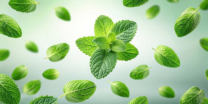 render of flying mint leaves, mint, leaves, fresh, green, flying,render, botanical, herbal, air, movement, natural