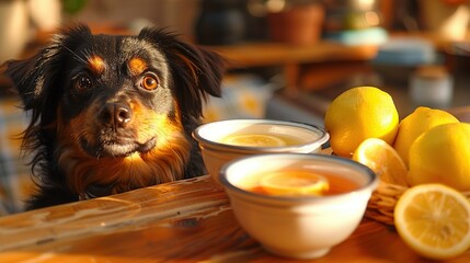 Wall Mural -   A dog sits at a table with bowls of lemons and oranges nearby