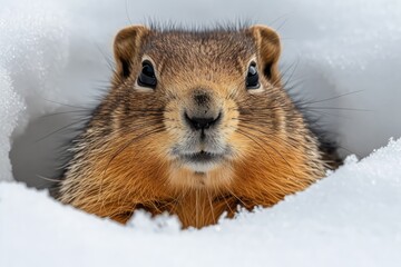 A cute fluffy groundhog wakes up in early spring, crawls out of his burrow and sees snowdrops and melting snow. An old omen predicting the end of winter.