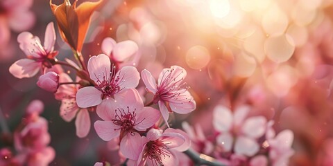 Delicate blur, rosy cherry blossoms or Sakura blooms against a rustic backdrop. Flowering fruit trees in the garden. Floral banner for farming or gardening enterprise.