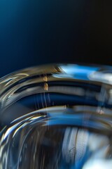 wallpaper of macro photo of clean polished glass and silver metall, edges with light from four different colors, depth of field, blurred, dark navy and dark azure, dark background, natural colors, 2:3