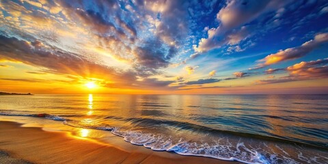 Wall Mural - Scenic view of sunrise and sunset at the seaside, seaside, ocean, waves, horizon, sky, clouds, tranquil, peaceful, landscape, nature