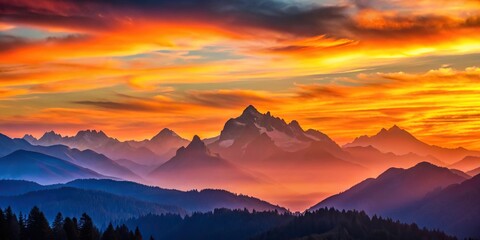 Wall Mural - Sunset in the mountains with orange and pink hues, silhouetted peaks, and a serene atmosphere, mountains, sunset, orange, pink