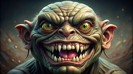 Ugly monster caricature with sharp teeth and bulging eyes, hideous, grotesque, cartoon, fictional, creepy, creature, monstrous