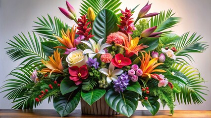 Large tropical floral arrangement with orchids, palm leaves, and exotic blooms , Orchids, tropical plants, arrangement