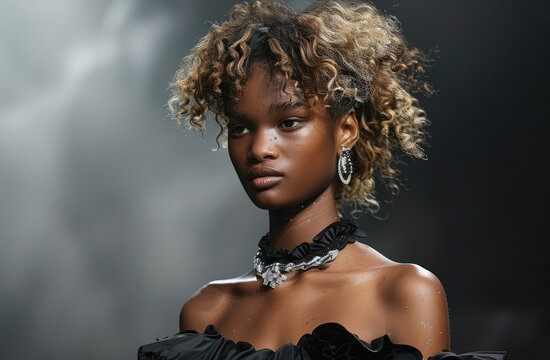a model and curly hair walks the runway in an avantgarde black dress with ruffles, on her neck is silver jewelry made of metal rings
