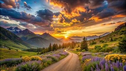 Wall Mural - Winding road surrounded by mountains and wildflowers under a dramatic sunset sky , sunset, road, dirt road, mountains