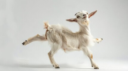   A white goat on hind legs, with front legs spread and head turned sideways